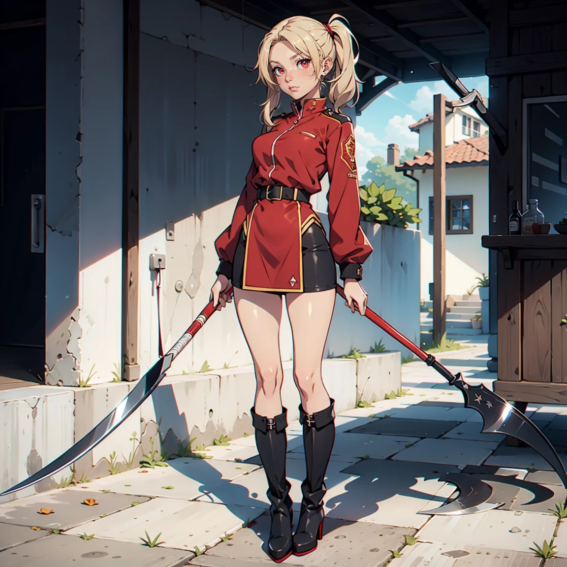 Very detailed, Neutral facial expression, cipher, full body view, blonde hair with pigtails, Red eyes, looking at the viewer, BLACK AND RED UNIFORM, Skirt, black boots, holding scythe.