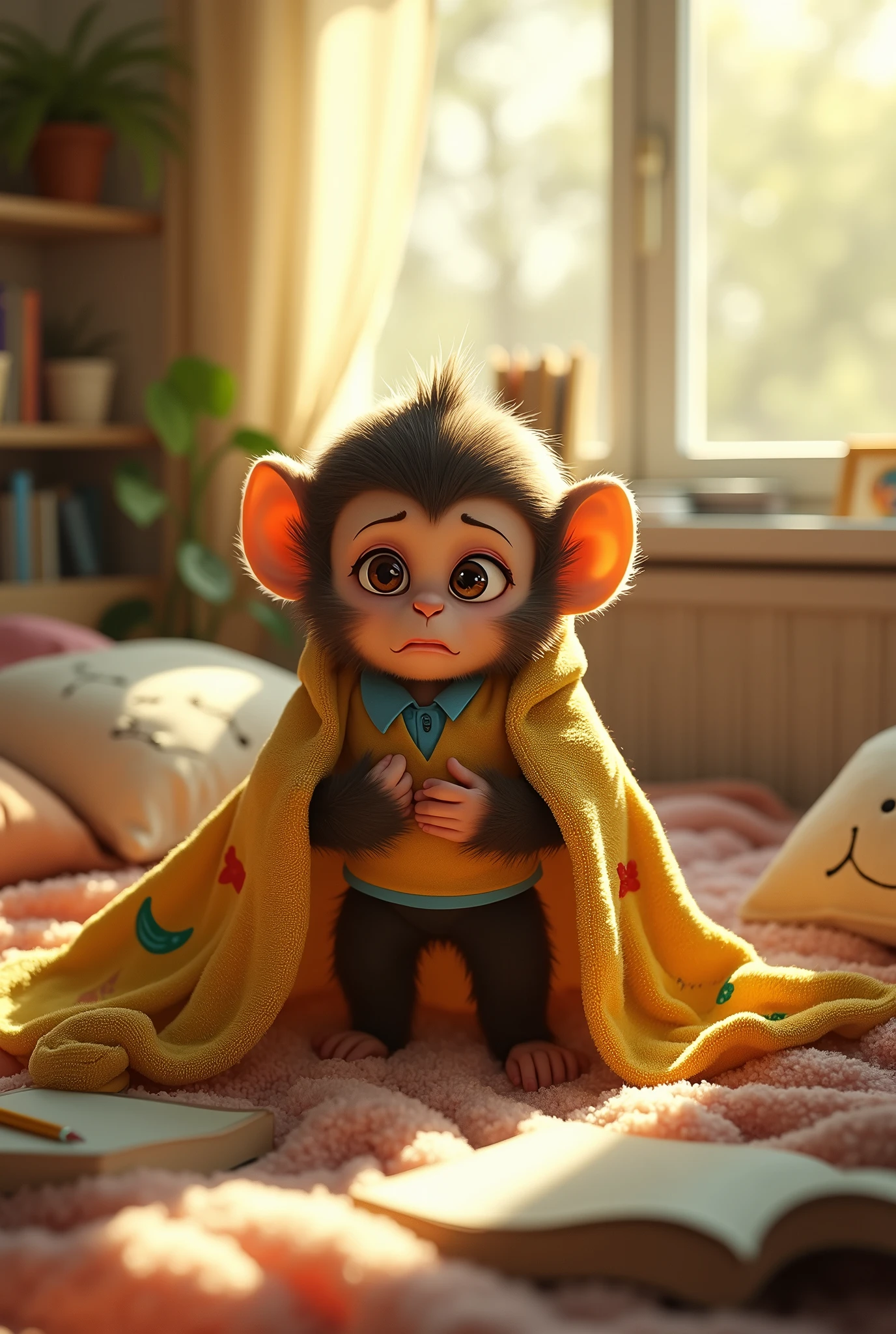 A little monkey despairs from the severity of the pain. He wakes up from sleep, goes and puts on his school clothes and sleeping blanket. The full picture, precise details.
