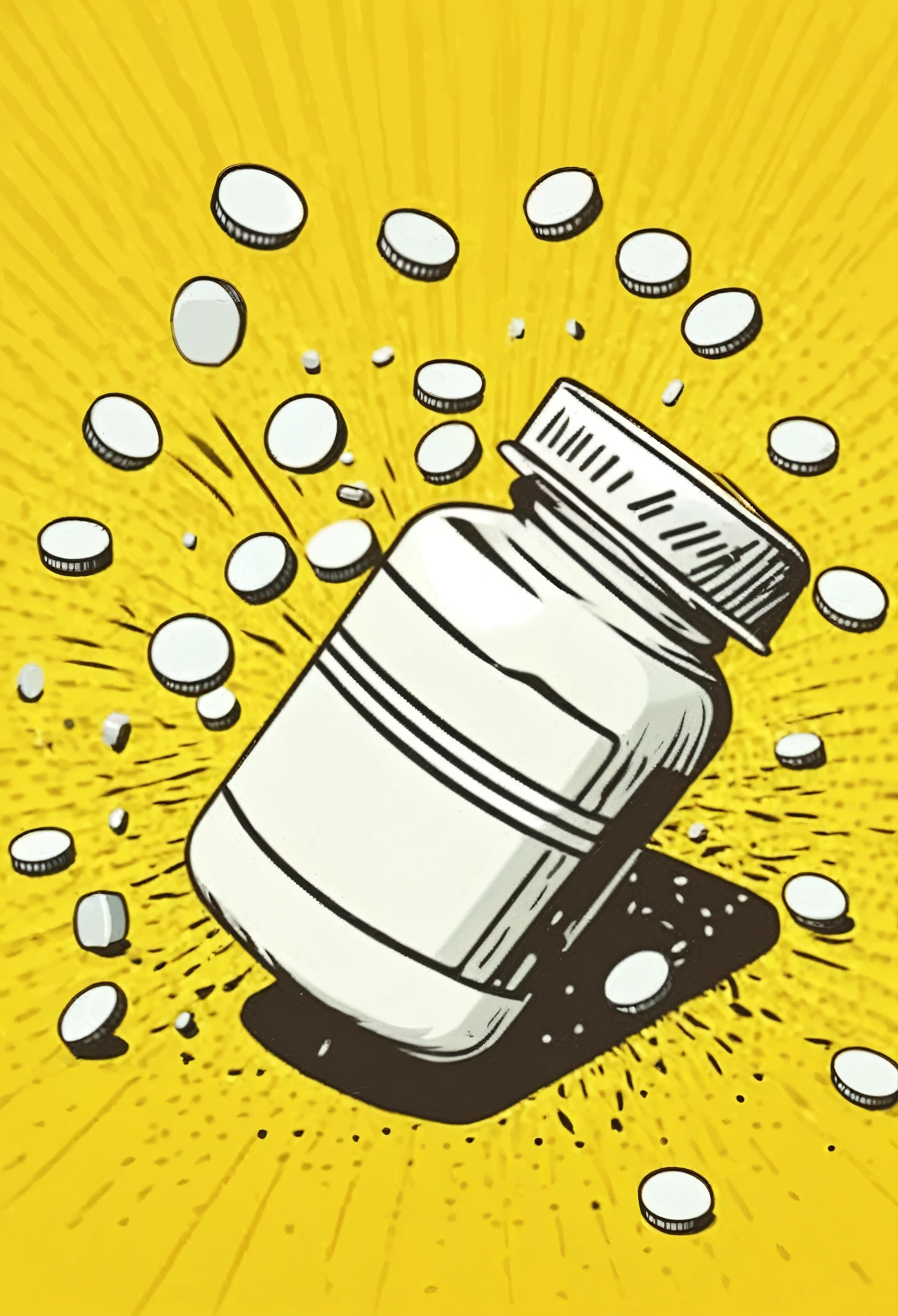 Low quality, pop art, (floating), Round tablets, Medicine Container, bottle, diagonal, drug, floating at an angle, round pill, spilling, fluttering in the air, yellow background