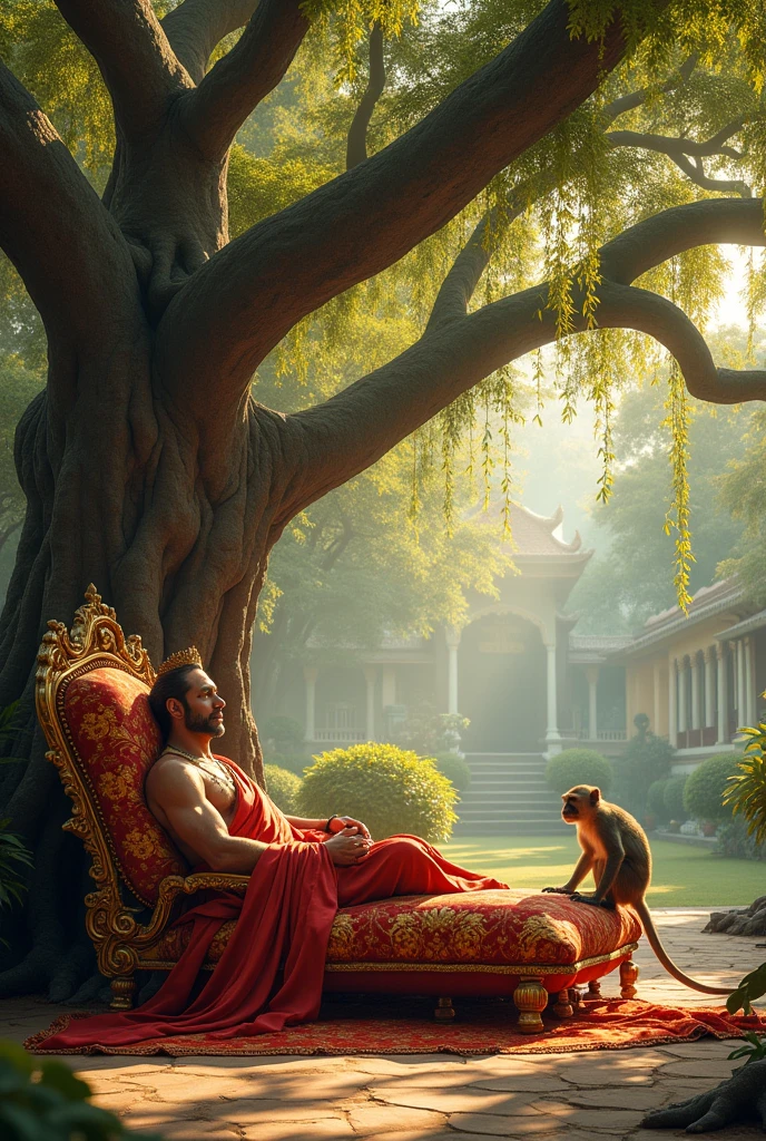 King Resting Under a Tree: The king lying down peacefully on a soft, embroidered cushion under a large, shady tree in the palace garden. The monkey is sitting nearby, alert and watchful, as the king rests.