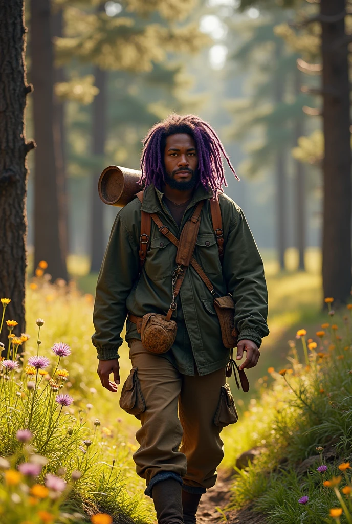 Makes a young trapper with 22 years with small purple dreadlocks traveling