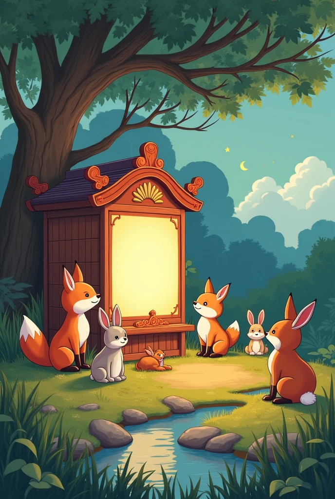 Anime Manga Illustration Style, In the foreground、Fox、rabbit、Various animals such as deer、They are gathered around a beautifully decorated antique Kamishibai stage.。The animals have a soft and friendly look.、Listening intently to the story。In the background、A tall tree with gentle sunlight filtering through its leaves々and、The painting depicts a small stream quietly flowing nearby.。上空には薄明かりから夜明けへand移り変わる穏やかな空が広がり、The first stars are beginning to twinkle。, A simple and cute picture book-like effect with gentle colors