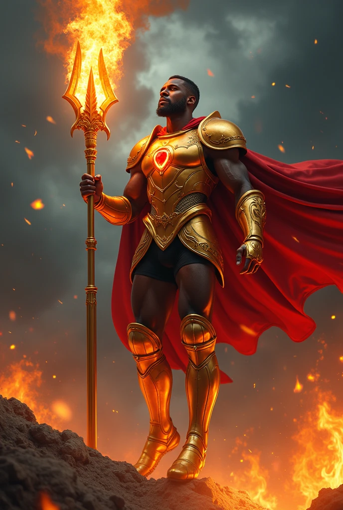 Black man. With fire powers. Wearing a golden armor. With a red cape. Hold a giant fire spear. Floating. Fully clothed. Black under garmet. Ruby on cheat peace