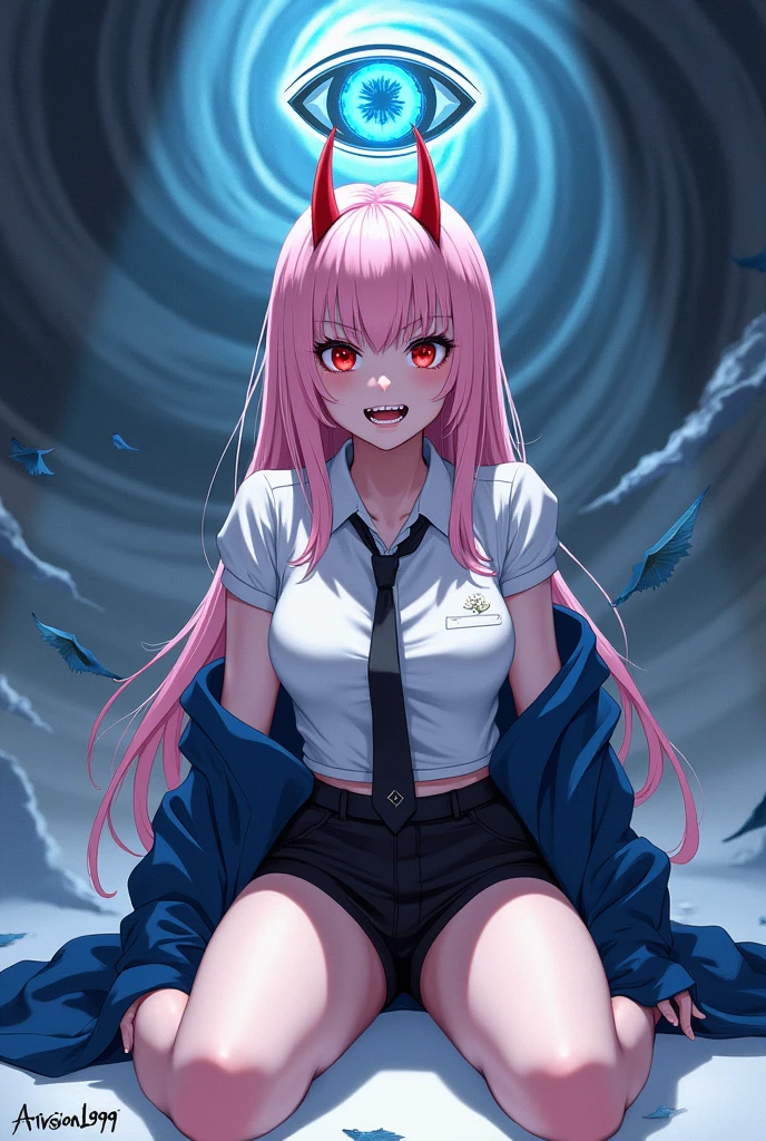 Digital illustration in a cinematic, stylized anime-inspired style featuring a highly detailed, anatomically correct female character with long, straight, light pink hair and red eyes. She has light skin and is depicted with red horns protruding from her head. The character is wearing a intricately designed white dress shirt, a black tie, and black shorts, with a blue jacket draped over her shoulders. The background is a swirling mix of prominent blue and gray tones, filled with detailed, swirling patterns and blue highlights that complement the character's intense appearance. Above the character, a stylized logo resembling an eye with text above it is placed in the upper central area. In the bottom left corner, the text 'Artvision1999' is written in a graffiti-like font. The character's expression is slightly aggressive, with her mouth open showing sharp teeth, with a focus on realistic facial anatomy. The overall composition is centered, with the character sitting on the ground, legs spread apart, with a dramatic lighting effect enhancing the cinematic atmosphere, rendered in high-resolution 4K