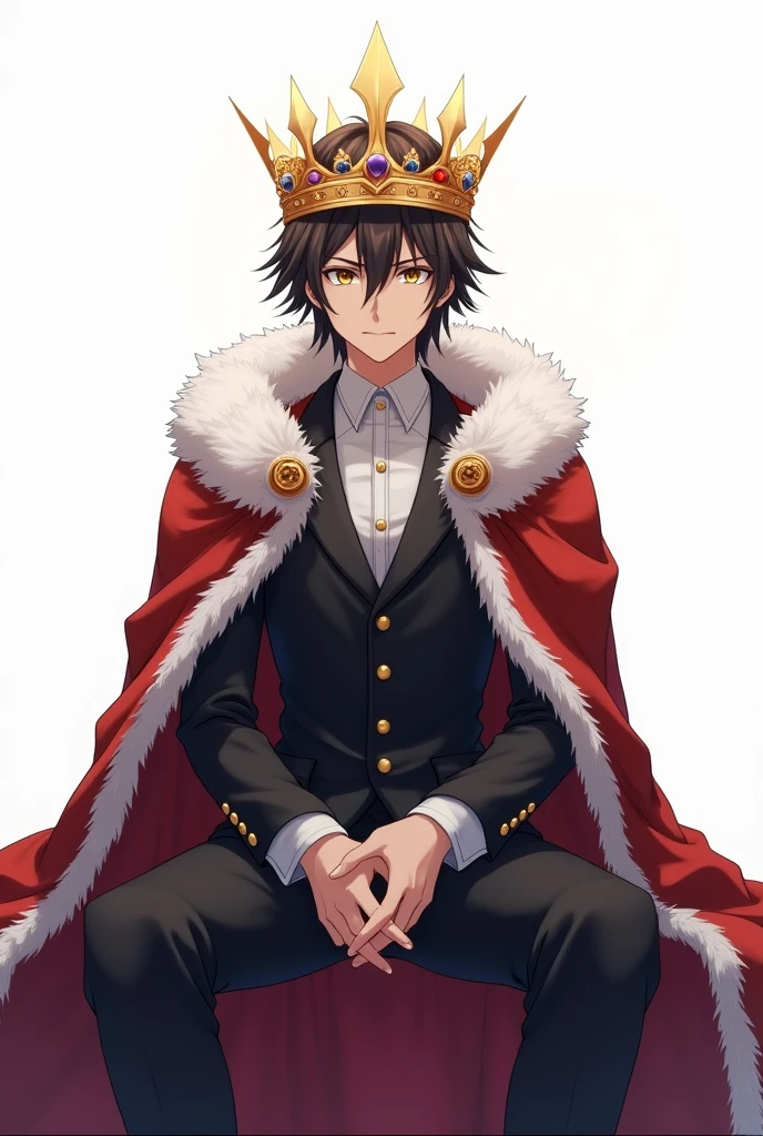 King Anime adult Boy serious sitting with a crown and white background Without the throne And the WHOLE body appears