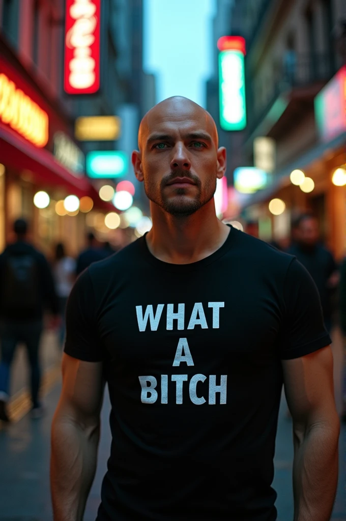 one  men, Bald man with green eyes, wearing a black shirt with the words "What a bitch"