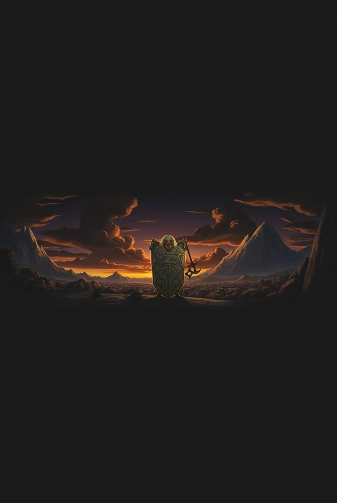 Light-haired Vulpera with small Axe and very large Shield with Epic Horizon in the background