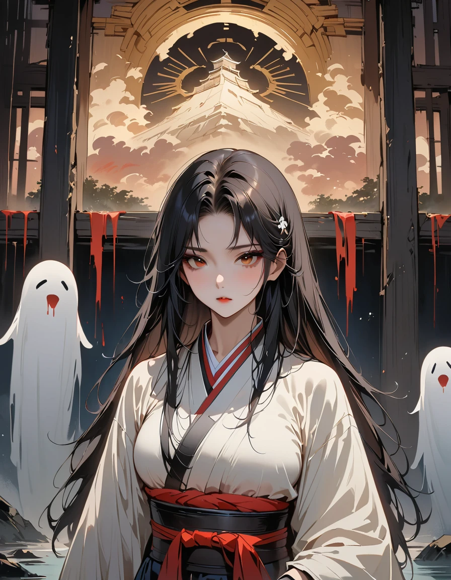 (masterpiece, Highest quality:1.2), 1 person, alone，2D，Japanese Horror、Female Ghost、landscape(Abandoned temple)、beautiful、There is bleeding(head)、Long black hair、night、Illuminated by the moonlight、Japanese style