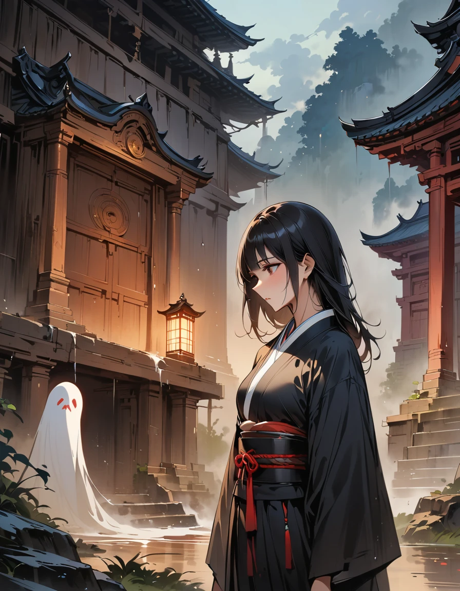 (masterpiece, Highest quality:1.2), 1 person, alone，2D，Japanese Horror、Female Ghost、landscape(Abandoned temple)、beautiful、There is bleeding(head)、Long black hair、night、Illuminated by the moonlight、Japanese style