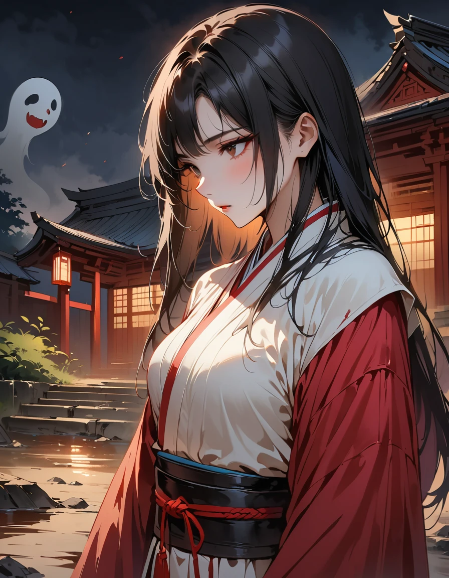 (masterpiece, Highest quality:1.2), 1 person, alone,2D,Japanese Horror、Female Ghost、landscape(Abandoned temple)、beautiful、There is bleeding(head)、Long black hair、night、Illuminated by the moonlight、Japanese style