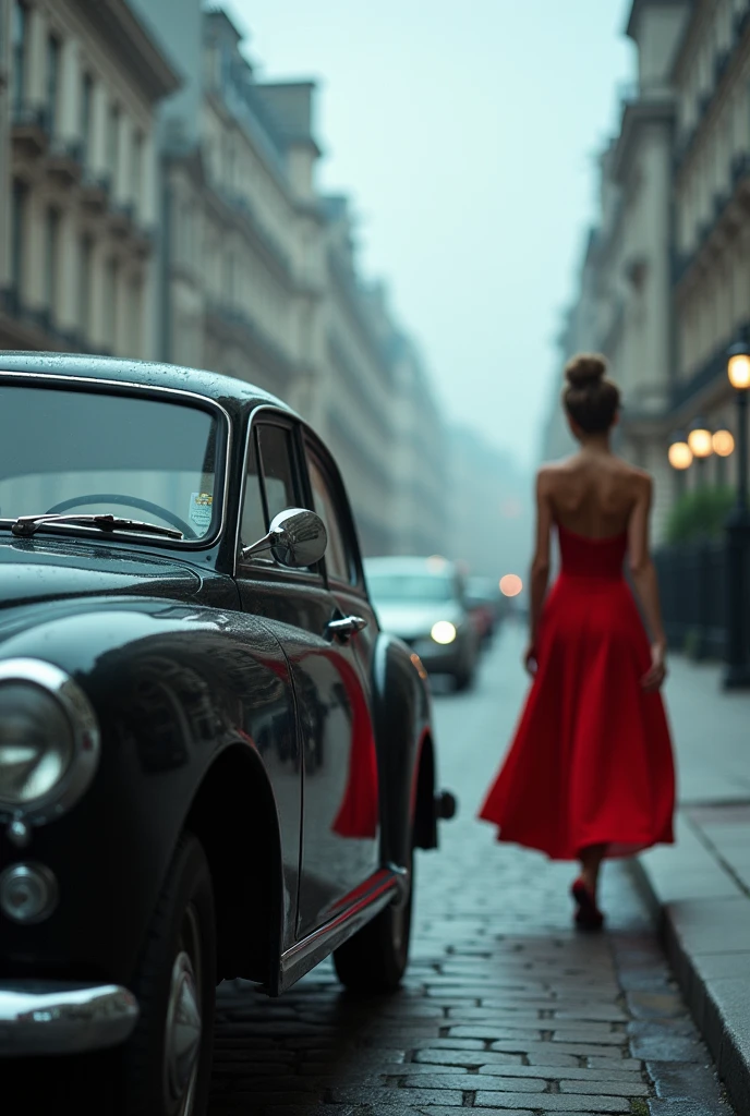 Cool-toned photo of a vintage car on the streets of London with a cloudy sky, the street almost empty and a woman in an elegant red dress with dropped shoulders and back covered with the knee-length dress passing by her in the opposite direction With a distant perspective 