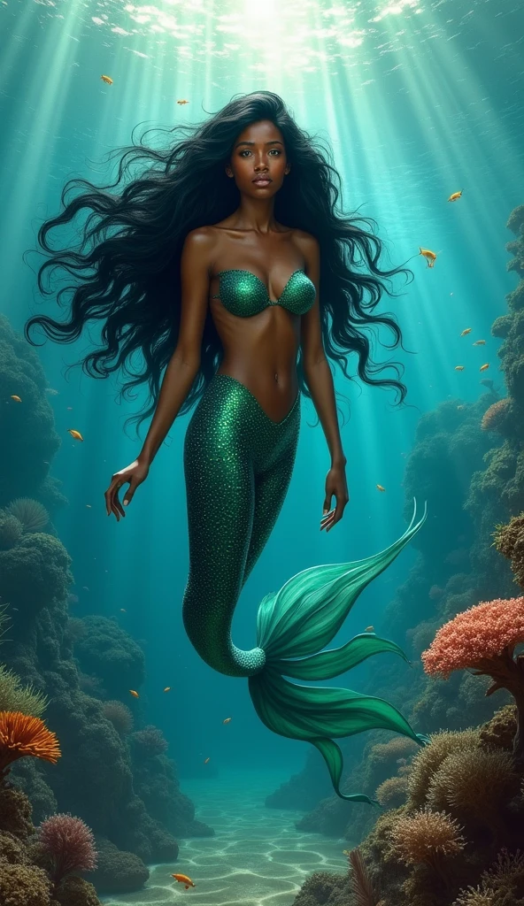 Mermaid with dark skin and black hair and more realistic features