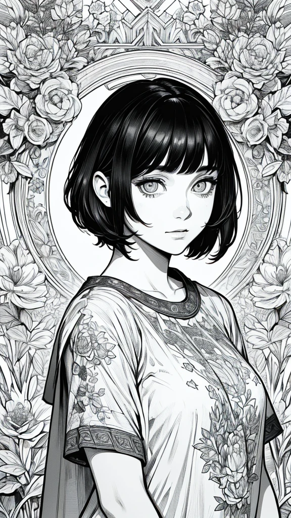 (hyperrealistic), (8K), (extremely detailed), (best illustration), (beautiful detailed eyes), (best quality), (ultra-detailed), (masterpiece), (wallpaper), (detailed face), solo, (t-shirt:1.1), looking at the audience, exquisite details, short hair, black hair, closed mouth, bangs, monochrome, greyscale