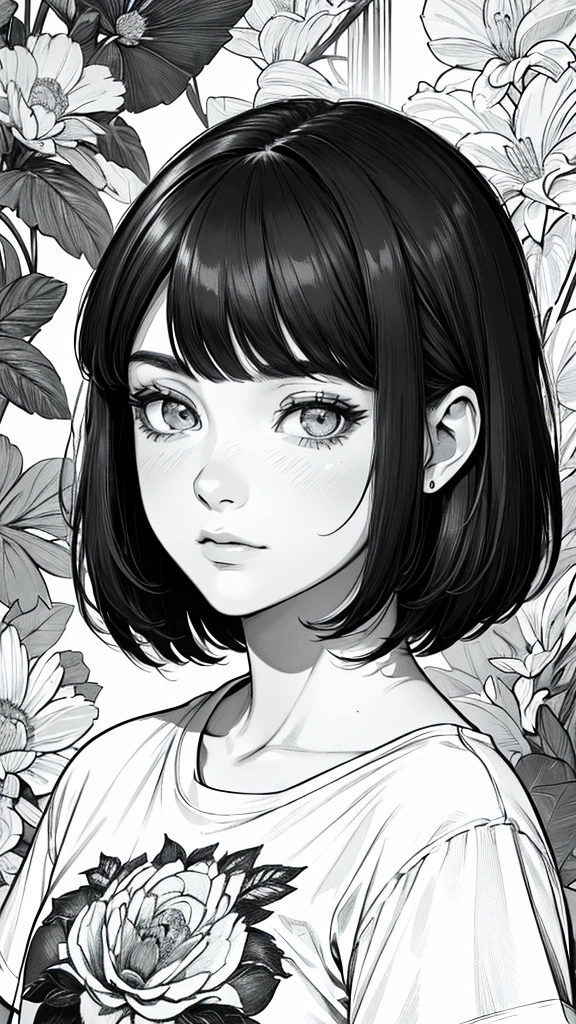 (hyperrealistic), (8K), (extremely detailed), (best illustration), (beautiful detailed eyes), (best quality), (ultra-detailed), (masterpiece), (wallpaper), (detailed face), solo, (t-shirt:1.1), looking at the audience, exquisite details, short hair, black hair, closed mouth, bangs, monochrome, greyscale