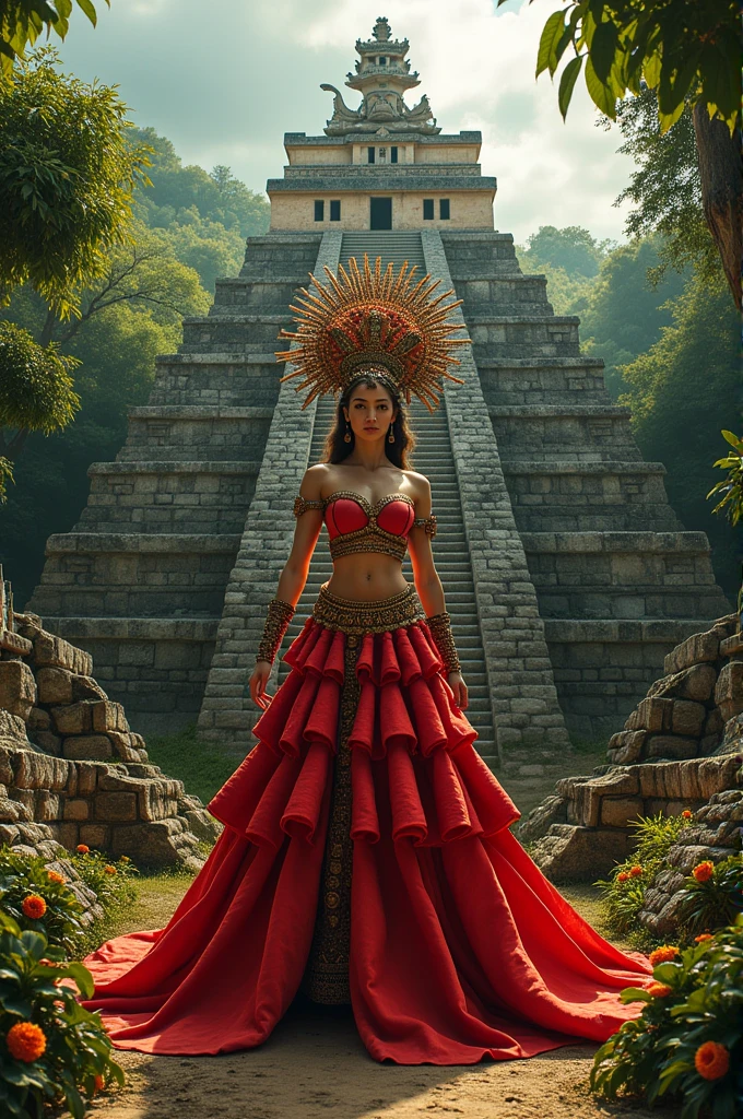 personifies to make a costume the temple of the great jaguar, This temple has a pyramidal base of 9 red platforms. And a staircase in the center that runs from the base to the top.. The sanctuary has a high crest decorated with a sculpture of the seated king., Jasaw Chan K'awiil. the costume for women