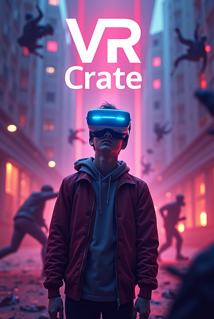 Image of a guy wearing virtual reality glasses from the future and around him several possibilities, struggle, terror, shooting and adventures with the Vr crate brand logo 