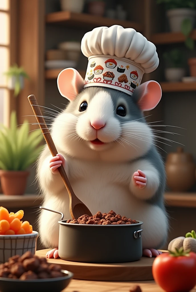 Samurai hamster with very large and messy white and gray fur wearing a chef&#39;s hat stirring chocolate with a wooden spoon 