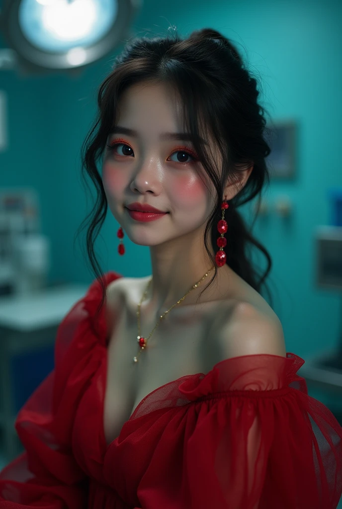 (close:1.2), masterpiece, highest quality, 8k, disorganized, beautiful girl, cute face, looking at the viewer, smile, (Dark red dress:1.6), ruby earrings, ruby necklace, , cute, (smokey red eye shadow with glitter, glazed pinkish red lips:0.8), surreal, High resolution, photograph, film grain, chromatic aberration, sharp focus, HDR, face light, dynamic lighting, cinematic lighting, professional shadow, background, (dull blue background:1.4), most detailed, very detailed, Super detailed, finely, real skin, delicate features, detailed face and eyes, sharp pupils, realistic student、Inserting a colonoscope into a patient in an operating room、
