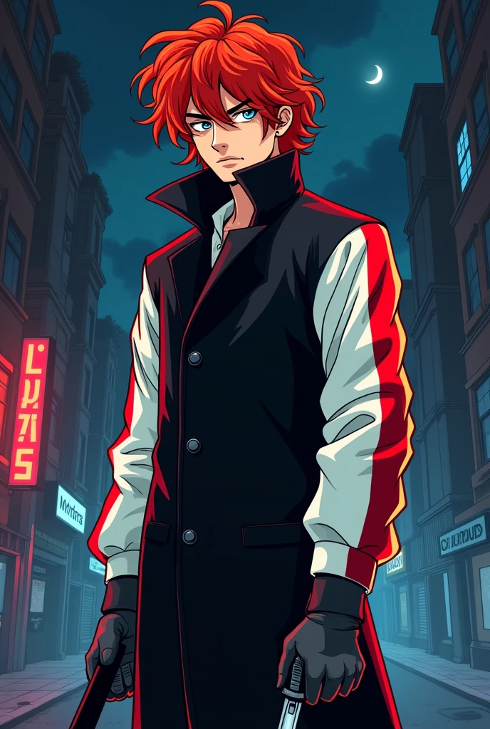 Create an 80s cartoon illustration of an 18 year old hitman with long curly red hair and bangs between his eyes, tired look, skin fair, a closed black coat with a high collar and white sleeves with red stripes and gray pants and a blade hidden in its sleeve, black boots and gray gloves