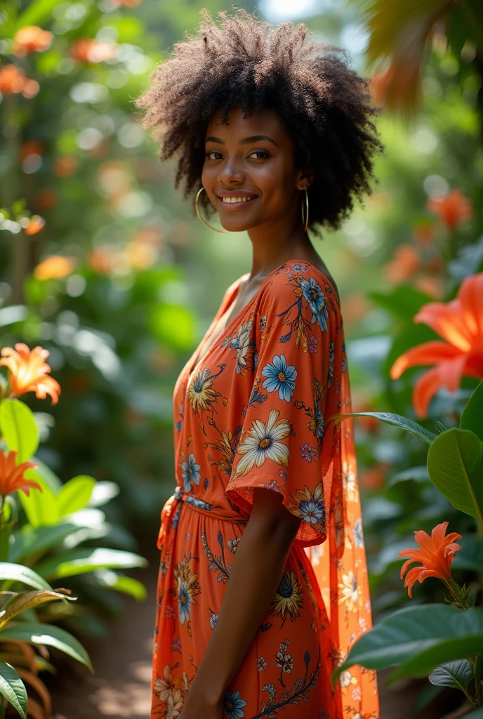 A Brazilian woman , black, in a lush tropical garden, wearing an open shirt with a floral print, with a close-up capturing the harmonious beauty between her breasts and the natural flowers, showing off her delicate feet, natural charm and outgoing personality.