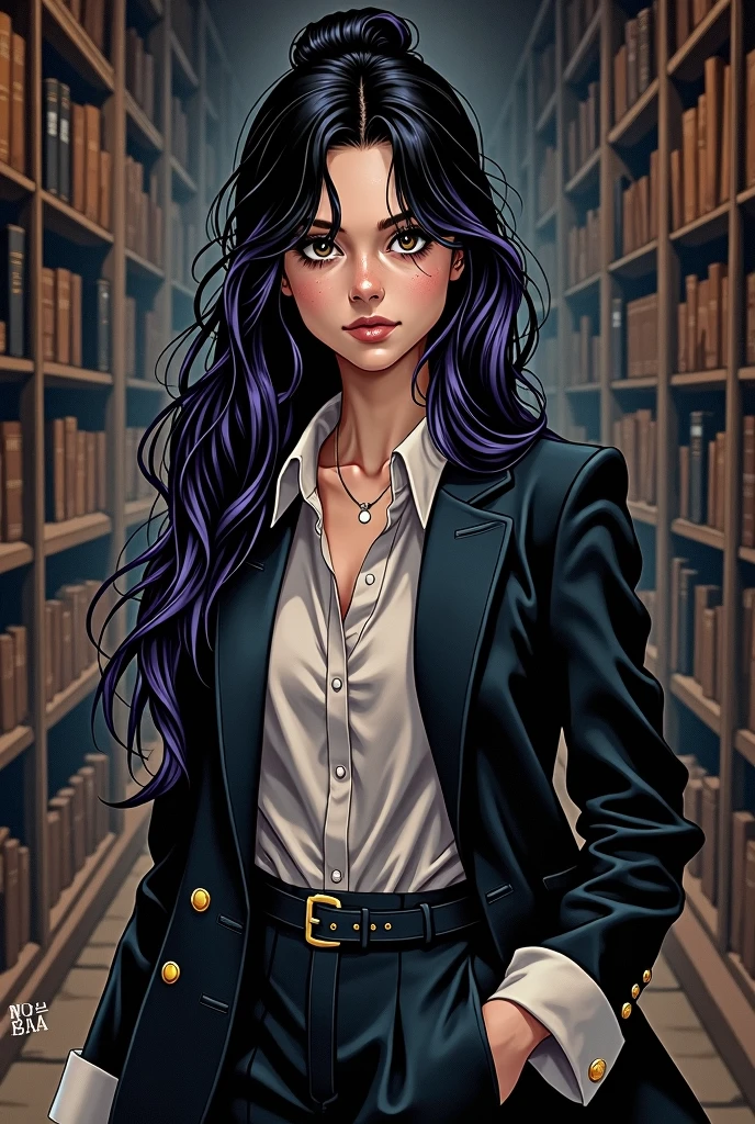 20 year old woman she has long and very dark hair, with a few purple lighting points. Eyes in a dark brown shade, she usually has a loose bun, wear clothes in neutral colors (usually makes a play with black and gray and white details, It has a kind of dark academia style, dc comics art style