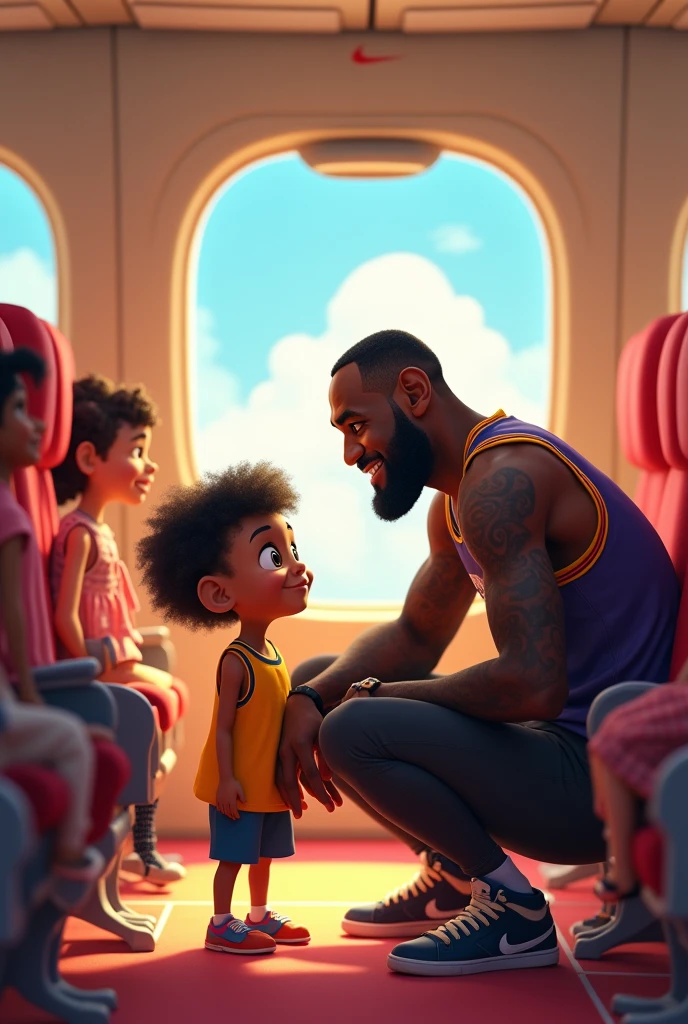 Make an image of a ??? meeting LeBron James on an animated plane 