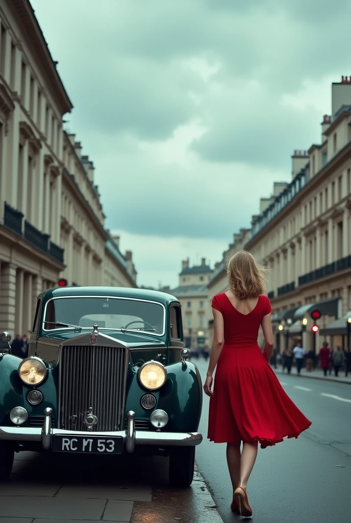 Cool-toned photo of a vintage car on the streets of London with a cloudy sky, the street almost empty and a woman in an elegant red dress with dropped shoulders and back covered with the knee-length dress passing by her in the opposite direction With a perspective removed from the entire photo 