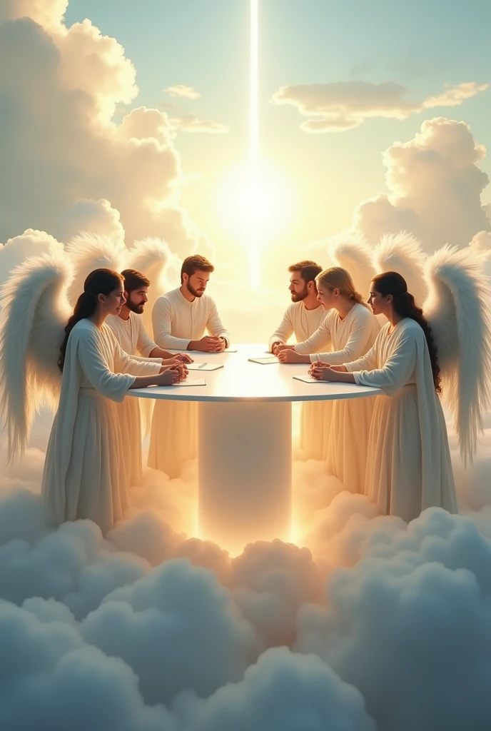 The ground is covered with a sea of clouds, making it a heavenly place.。
Overall white and bright。
In the middle is a smart cylindrical desk.、
men and women、Seven angels standing!!Surrounding the desk。
The warriors are having a meeting。
People listening with a serious look on their face、Some people are talking。
Illustrations taken at a distance where the facial features are clearly visible。