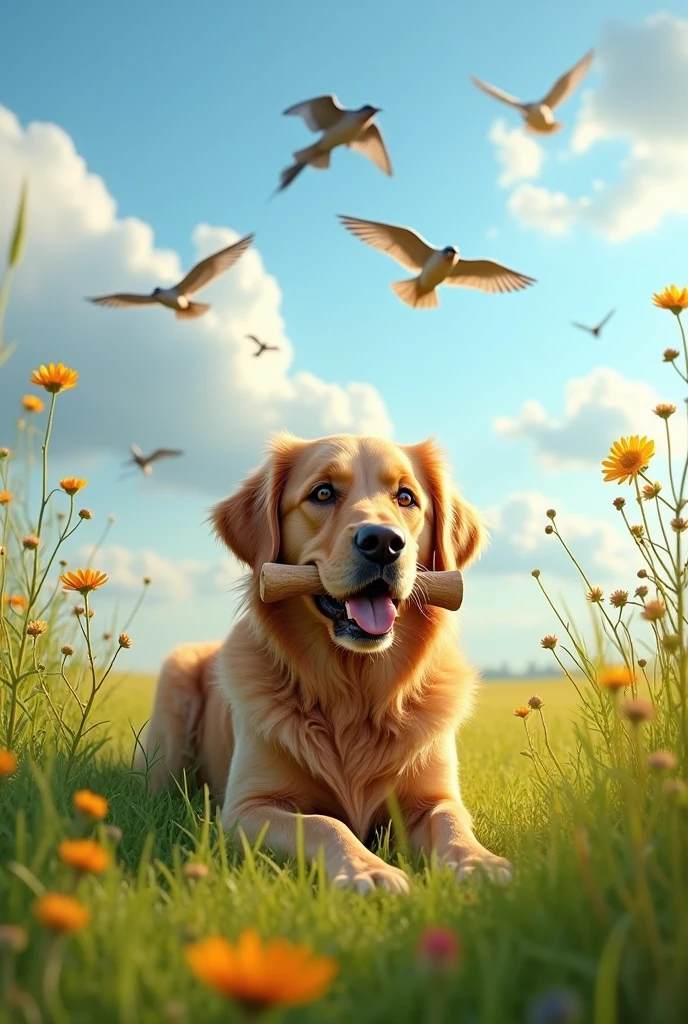 Dog in the field eating while watching birds