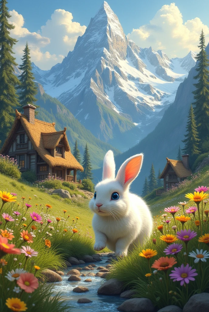a white rabbit in a kingdom with mountains