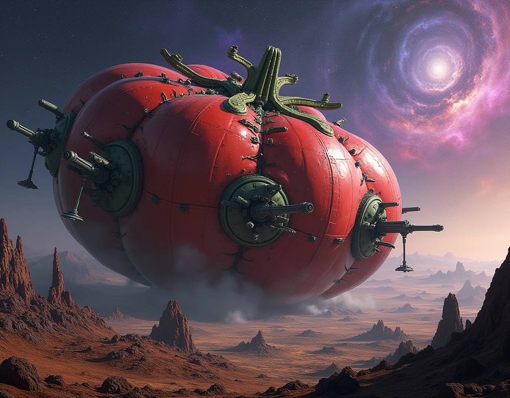 masterpiece, Highest quality, sf,((Sea of stars))、(A space fortress with a diameter of 2 kilometers、Tomato type)、Countless catapults、Countless guns、Red base, green mechanical parts、A distant nebula、