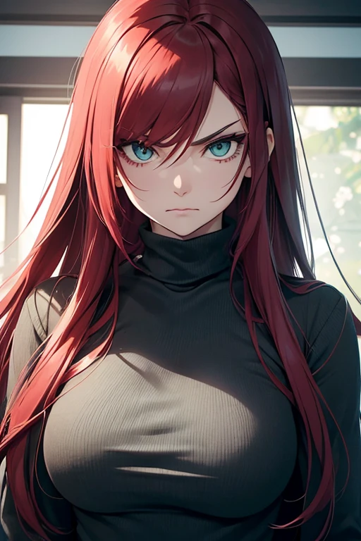 Young woman mother, Authoritarian, look of superiority, long red hair, greeneyes, She is wearing casual clothes. Serious expression of superiority, leadership posture, She has an aura that exudes certainty, confidence, leadership, she is serious without being cold and cute.. An angry expression, a furious countenance inside, she has conviction, She transmits fear as if she would attack you at any moment, She is staring coldly, exerting control over the viewer.. Home scenario.