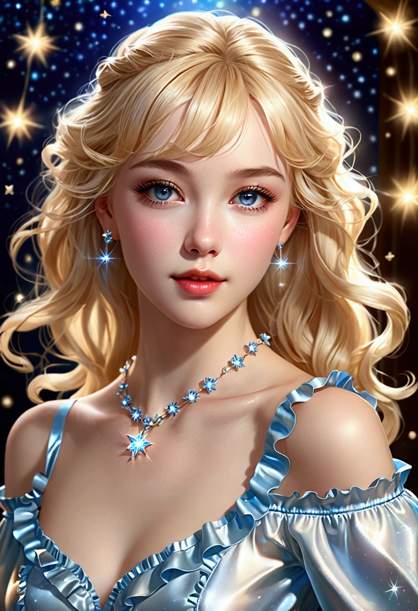 Realistic three-dimensional texture, Shiny frill off-the-shoulder blouse, A woman with a beautiful face, with glossy pale skin and blue eyes., soft starlight, Dance with a dreamy expression as if you are dreaming. (Blonde bangs flowing down the forehead, Full head of hair, Shiny hair), Camera angle capturing the upper body above the hips, clear resolution, movie lights, Clear picture quality, realistic atmosphere, Bright Themes, soft lighting, 초realistic atmosphere, (vivid silhouette, masterpiece, best quality), Simple background.