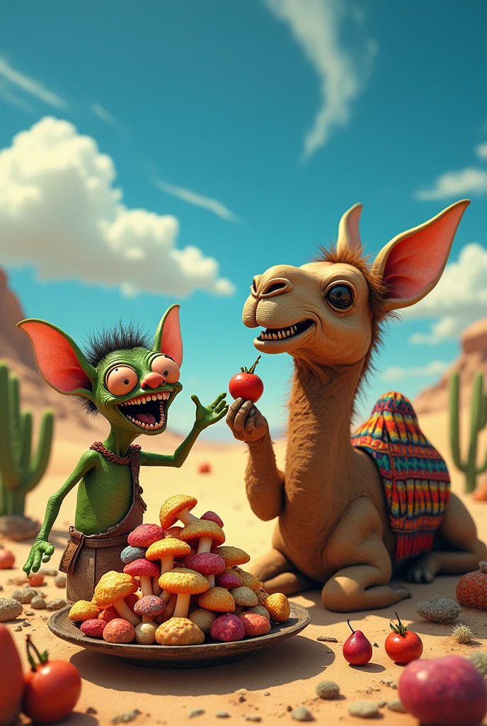 An ugly goblin eating mushrooms and a camel eating prickly pears on plates