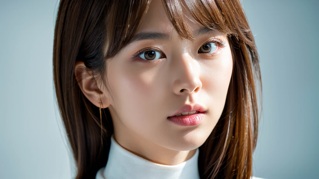 (Detailed face),vivid,Turtleneck suit,4K,Ultra-high resolution,（Photorealistic：1.7）,White Background,Long Hair,