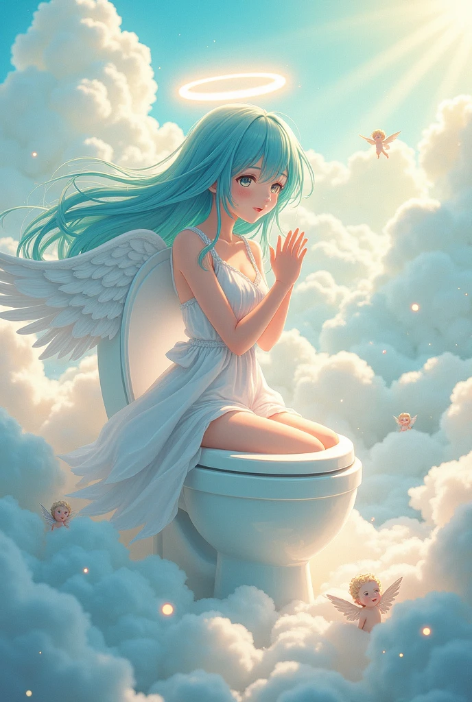 a anime girl with blue hair and a halo and perfect white chlotes from the heeavens and she is pooping in a perfect toilet from the heavens
