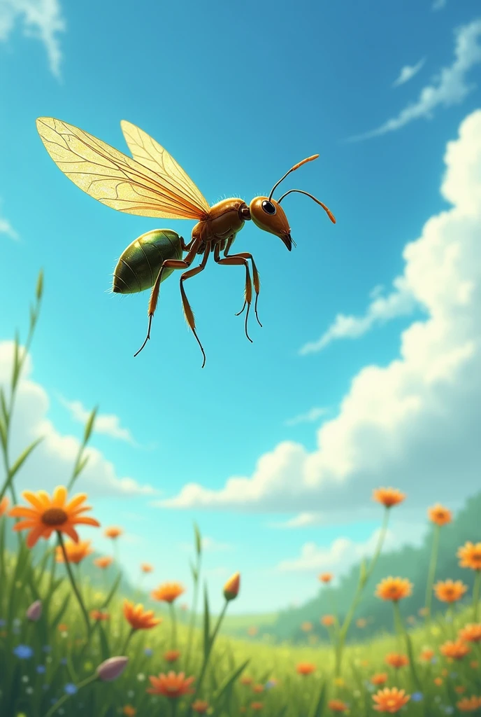 An ant with wings flying in the sky