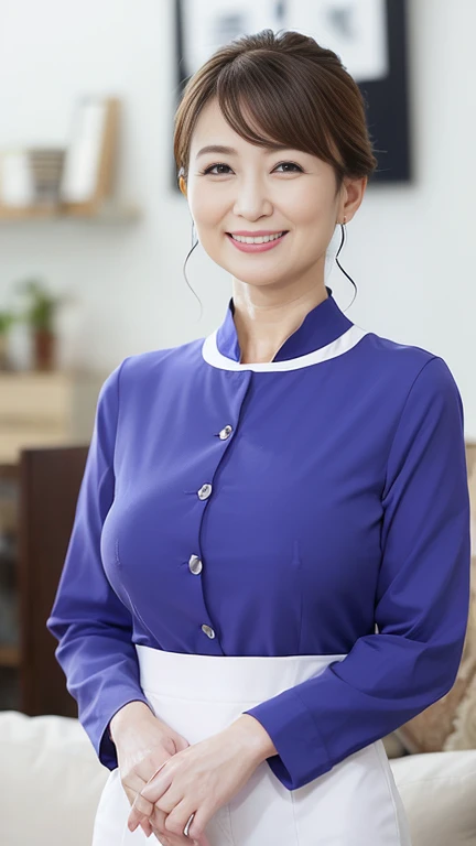 最high quality, 8k, Vibrant, Sharp focus, high quality, High resolution, Middle-aged women, Mature Woman, 55 years old, business suit, (Highly detailed eyes, Plump figure、Plump face、((big 1.6))、(((Large Breasts)))、Cotton tight skirt、Updo、A kind smile、