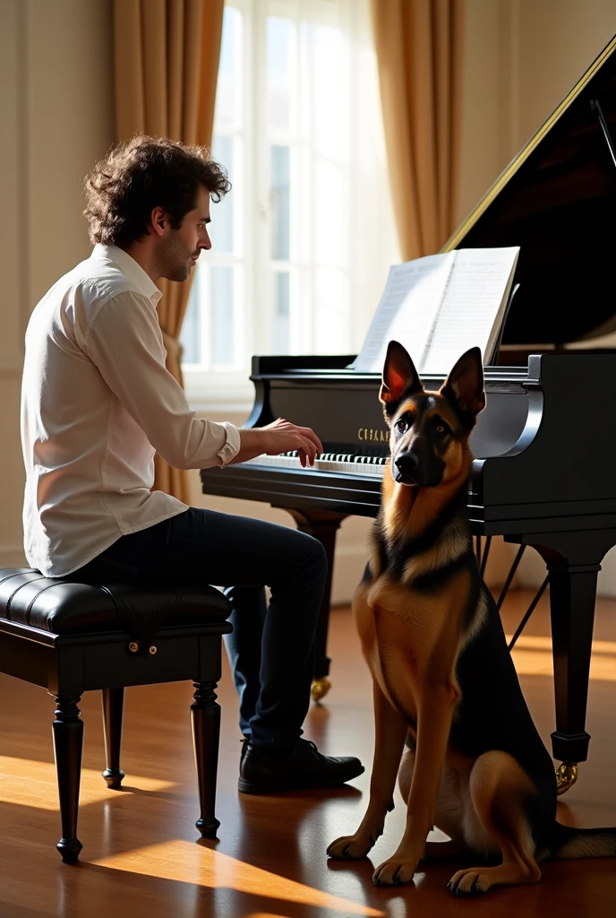 Man sitting next to piano, next to german shepherd