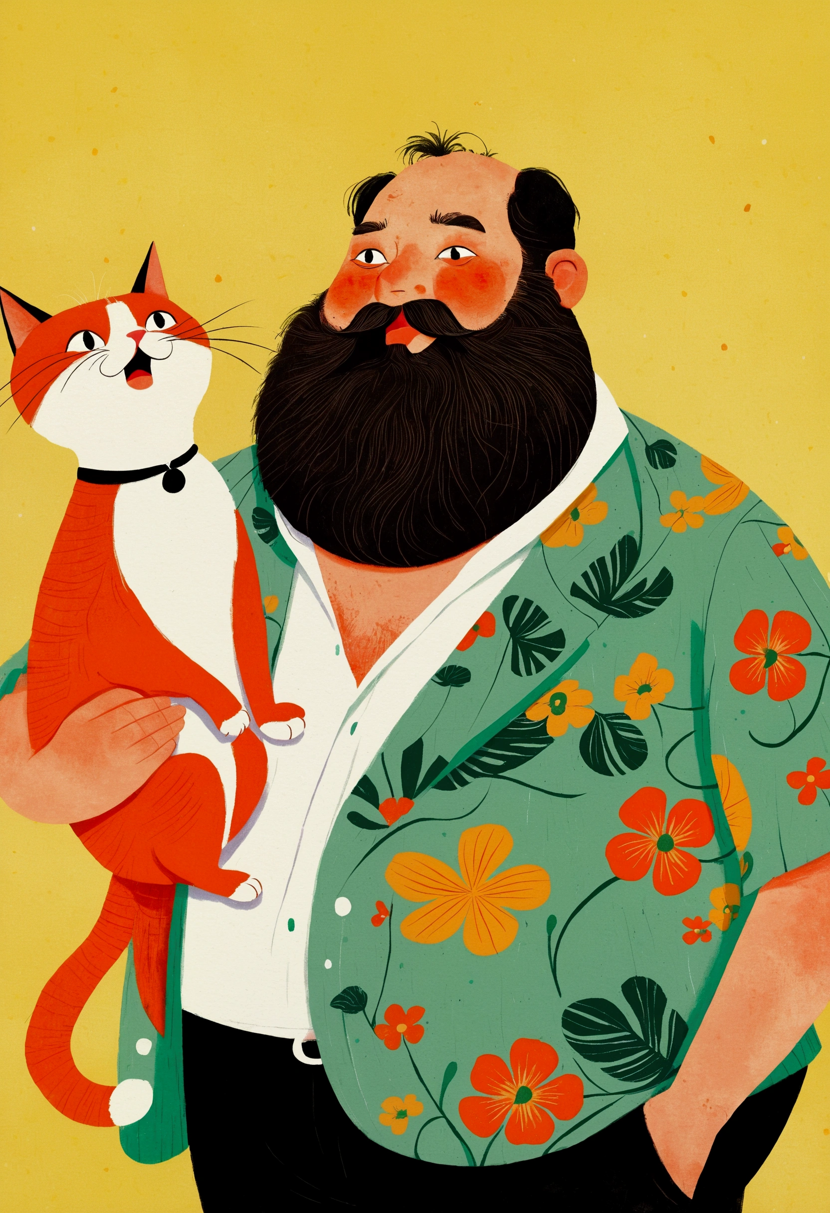 There is a fat man with a beard,There is a cat on the chest, Wear with a Hawaiian shirt, illustration | Rutkowski, #illustration, funny illustration, in style of digital illustration, tom richmond illustration, illustration, Imitating Corey Loftis, Juster Battle, stylized digital illustration, author:Paul Bird (Paul Bird), fabulous illustrations, author:Oswaldo Viteri, illustration画家