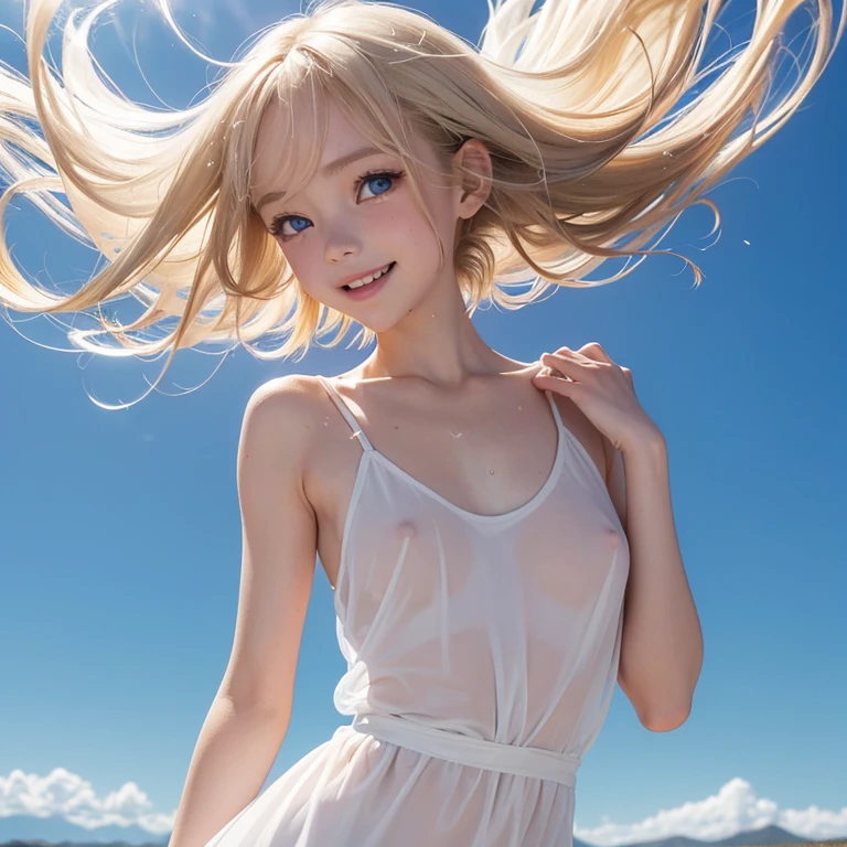 (7 years old.Height is 120iful white skin.Slim body.Hanging eyes.Blonde.Very short hair parted in the middle.Beautiful Blue Eyes.Tight waist.Beautiful areola.ふっくらとしたNipples.The skin is radiant and glowing).(A tight, see-through white dress.Not wearing underwear.Your clothes are wet.Nipples).(1 person.Uyuni salt lake.Are standing.Hands clasped behind back.Hair fluttering in the wind.My whole body is wet with water.Look at me and smile)Perfect Face.High resolution.It&#39;s dynamic