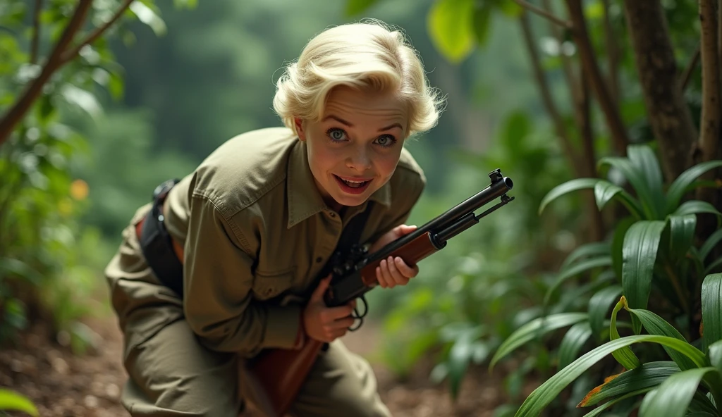bent over , Big butt , is 1940 , We see the girl from behind, she looks at the viewer, ,  hilarious cinematic scene of a young, talented actress resembling Doris Day, dressed as a poacher in the heart of the jungle. She is bent over, wearing long pants and a hunter's shirt, and holding a rifle. The edges of a big hole in  her pants in butt área  have charred marks, and there's a significant amount of smoke emanating from her butt , Her platinum blonde hair is short and sleek, and she appears to be around 30 years old. In a sudden moment of slapstick comedy, the actress screams in pain, her eyes and mouth wide open, revealing a massive hole in her pants in butt área from a shotgun accident. The scene is captured in stunning 4K high definition, with the jungle as a backdrop, and a comedic tone throughout.,  close-up 