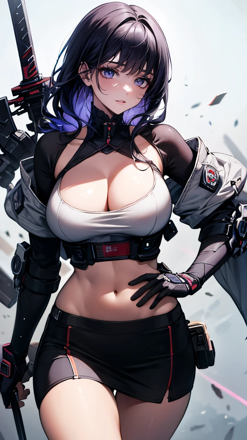 (Very delicate and beautiful:1.2)super model,,Beautiful breasts,voluptuous,【bike shorts】,,Highest quality, High resolution, 8k,mini skirt.cyber punk.Mechanical Sword