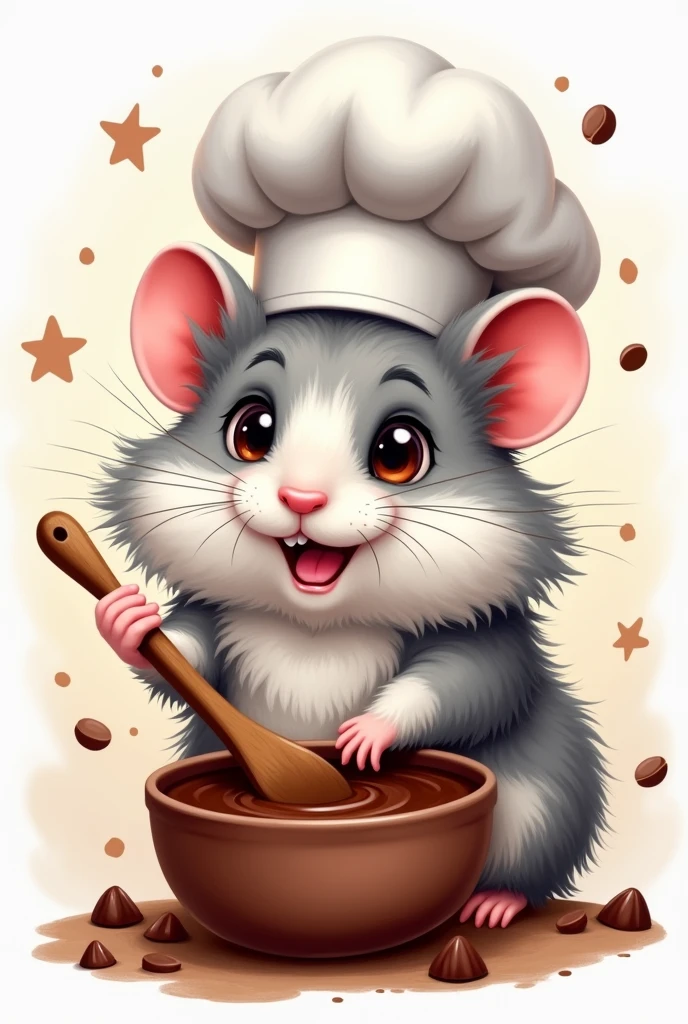 Create a logo of a Hamster with very messy white and gray fur wearing a chef's hat stirring chocolate with a wooden spoon
