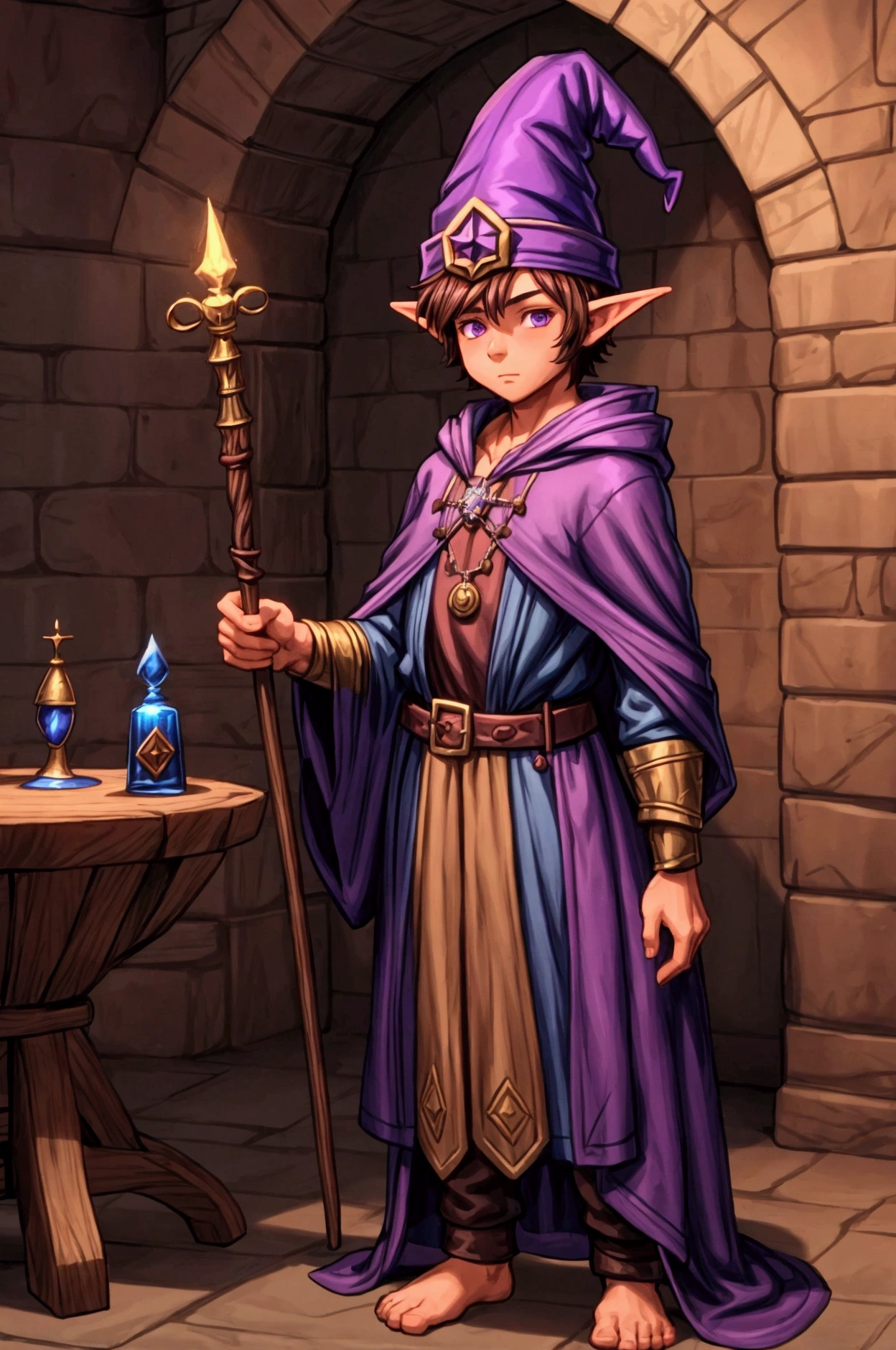 Young Gnome, Male Gnome, Young Sorcerer, Alchemist Sorcerer, alchemist, Brown hair, short hair, sideburns, short stature, pointed hat, Purple Hat, Wizard's Robe, Medieval Tunic, Magic Staff, in a dungeon, alchemy lab dungeon, anime, fancy, 4k, super detail
