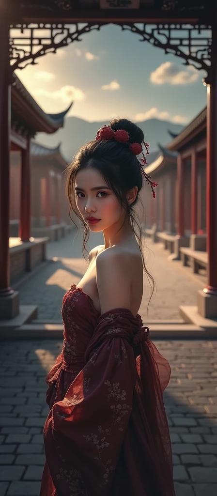 {{masterpiece, best quality, Extremely detailed CG, Unity 8K wallpaper, Movie Lighting}}, Traditional Chinese ink painting, 1 Girl, whole body, Ancient buildings, Blue sky, sunny, Wooden construction, Prominent protagonist, Smile, big eyes, Beautiful and delicate eyes, (Large Breasts, cleveage), Round butt, Looking at the audience, Long eyelashes,Naked,