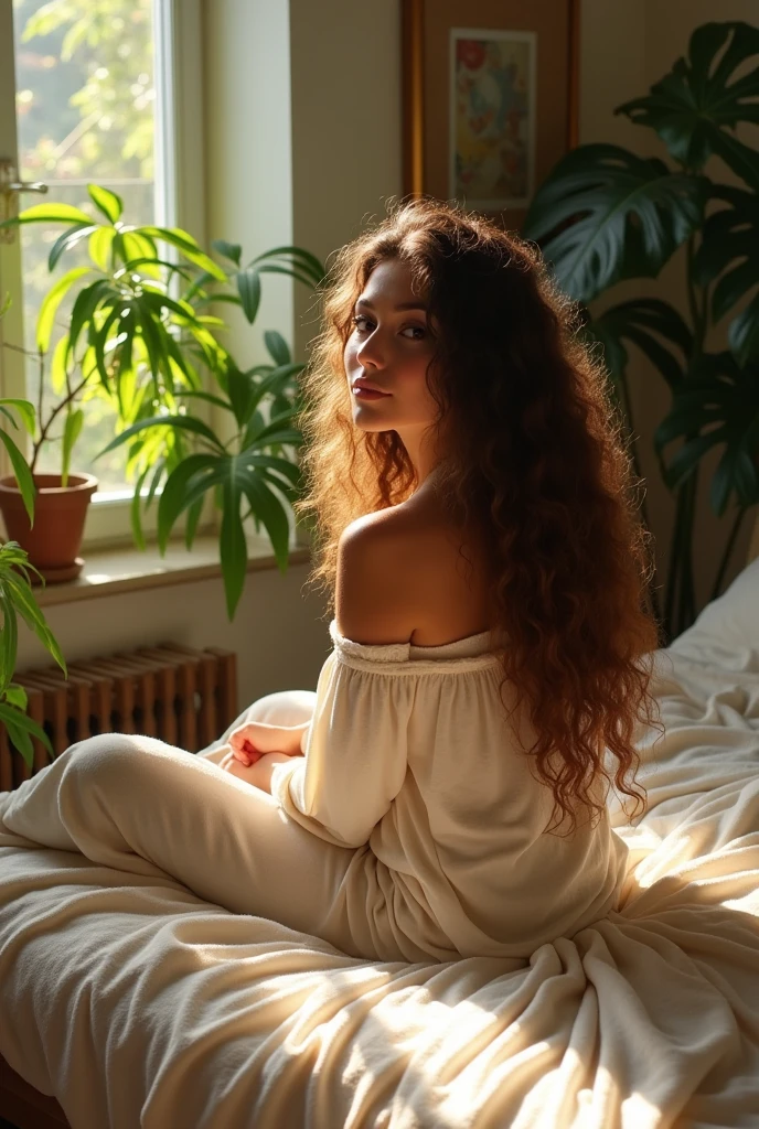 (photorealism:1.2), beautiful woman, sitting on bed, wearing loose off-shoulder top, pajama pants, long curly hair, indoors, soft lighting, plants in background, window with sunlight, cozy room, relaxed pose, realistic, intricate details, warm colors, by Greg Rutkowski, by Alphonse Mucha