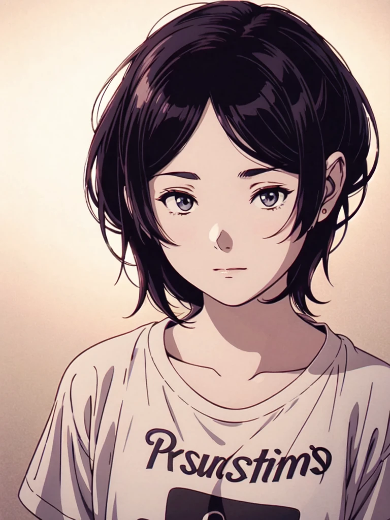 anime girl with black hair and a white t-shirt standing in front of a dark background, artwork in the style of guweiz, profile of anime girl, portrait anime girl, beautiful anime portrait, looking to the viewer, short black hair, bangs, closed mouth, t-shirt, (8K), (extremely detailed), (best illustration), (best quality), (ultra-detailed), (masterpiece), (wallpaper),
