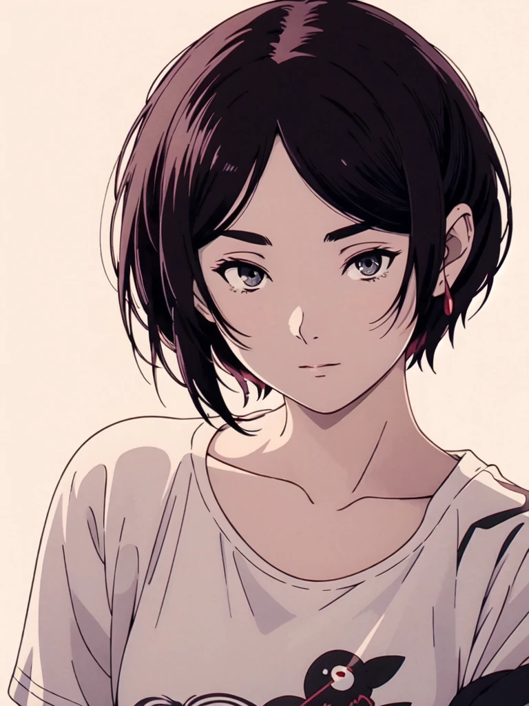 anime girl with black hair and a white t-shirt standing in front of a dark background, artwork in the style of guweiz, profile of anime girl, portrait anime girl, beautiful anime portrait, looking to the viewer, short black hair, bangs, closed mouth, t-shirt, (8K), (extremely detailed), (best illustration), (best quality), (ultra-detailed), (masterpiece), (wallpaper),