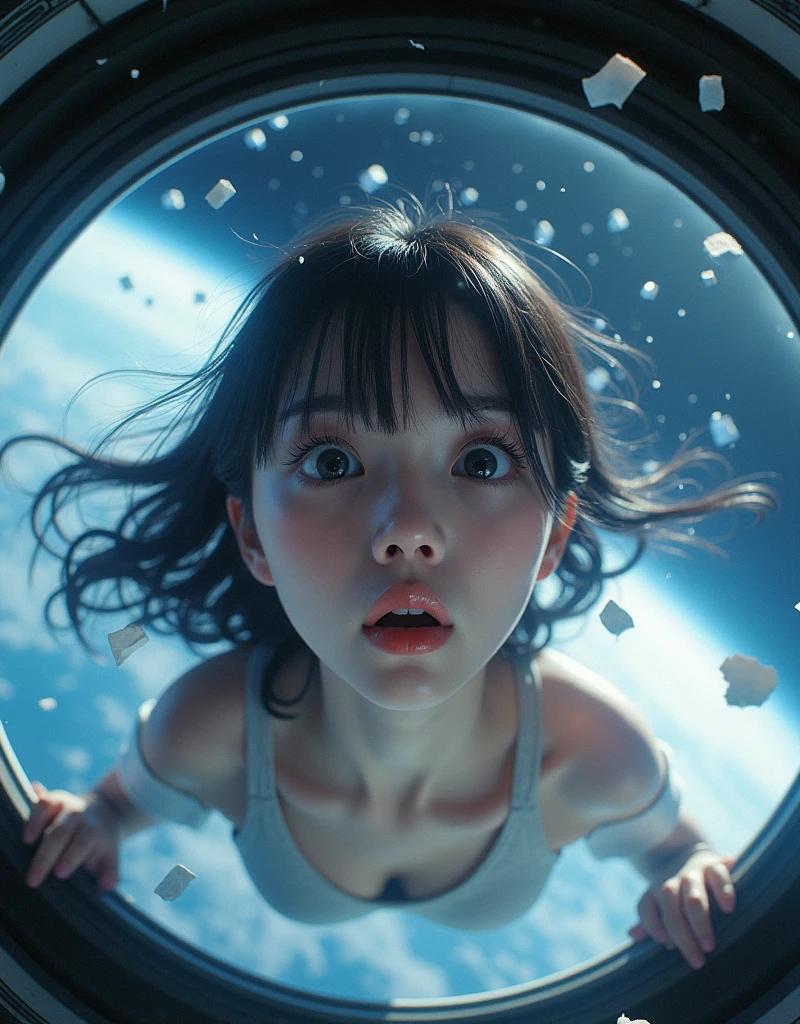 photo-realistic, ultra-realistic, very beautiful Japanese university student girl, famous Japanese idol, 25 years old, at the space station, She was sent into space by the impact of the explosion, Emergency, rapid decompression, explosion, hopeless, oxygen deprived, unable to breathe, Magnificent view of Earth, dramatic scene, masterpiece, (face focus:1.3), beautiful eyes,